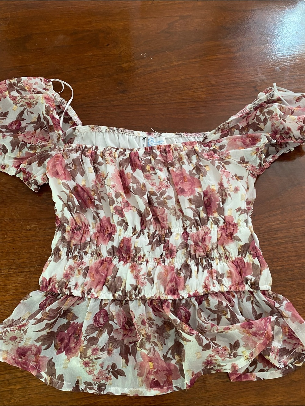 Blue Rain Floral Off-Shoulder Top in Pink and Brown